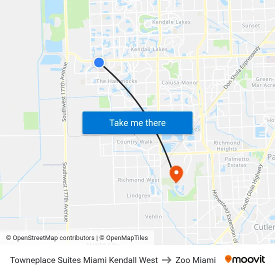 Towneplace Suites Miami Kendall West to Zoo Miami map