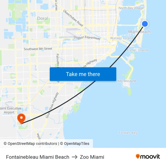 Fontainebleau Miami Beach to Zoo Miami map