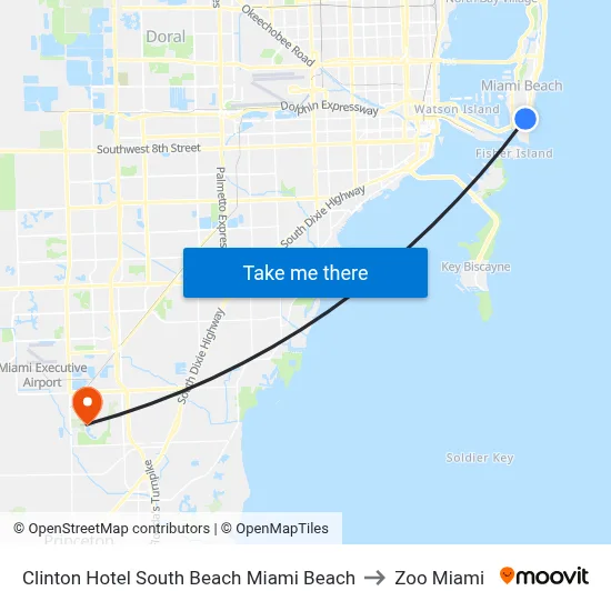 Clinton Hotel South Beach Miami Beach to Zoo Miami map