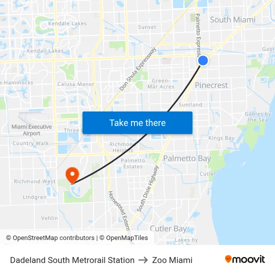 Dadeland South Metrorail Station to Zoo Miami map