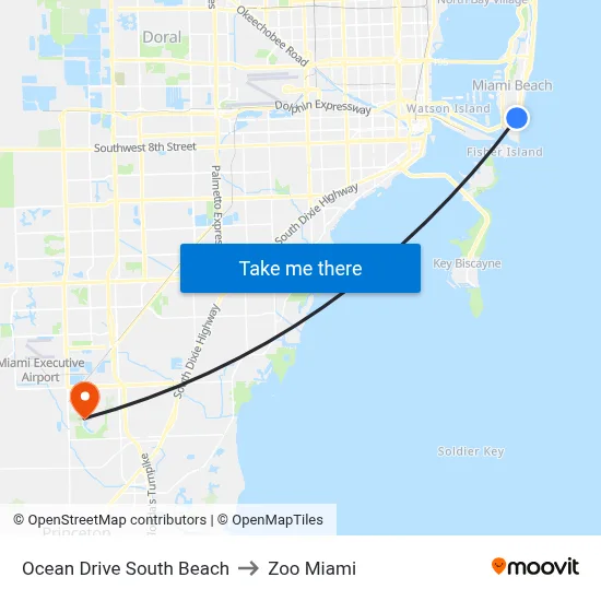 Ocean Drive South Beach to Zoo Miami map