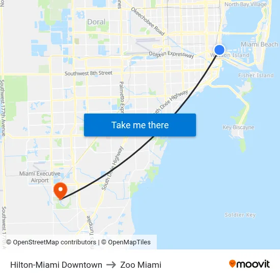 Hilton-Miami Downtown to Zoo Miami map