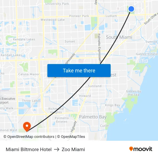 Miami Biltmore Hotel to Zoo Miami map