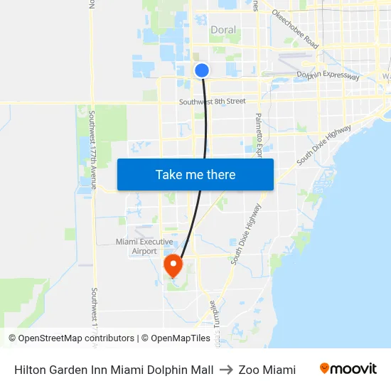 Hilton Garden Inn Miami Dolphin Mall to Zoo Miami map