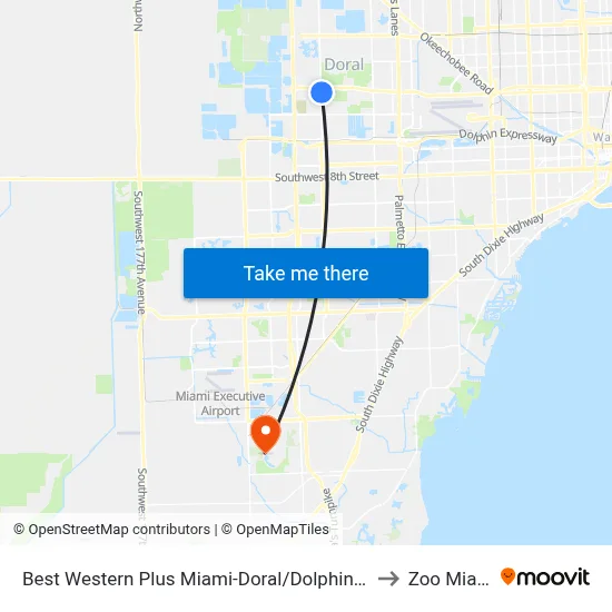 Best Western Plus Miami-Doral/Dolphin Mall to Zoo Miami map