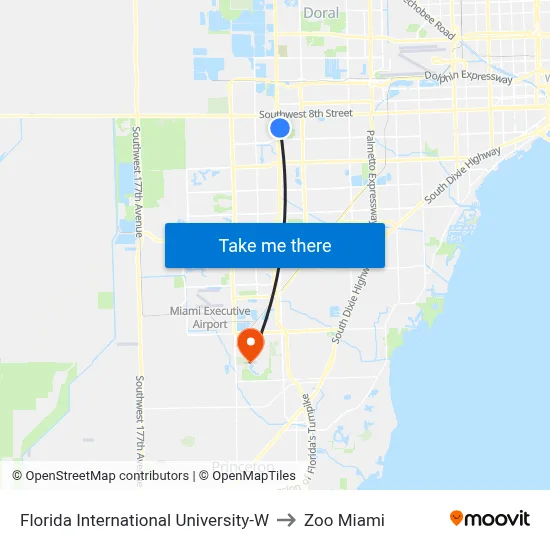 Florida International University-W to Zoo Miami map
