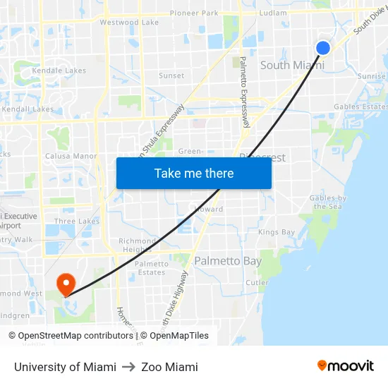 University of Miami to Zoo Miami map