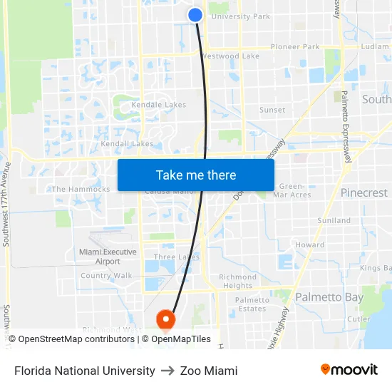 Florida National University to Zoo Miami map