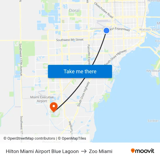 Hilton Miami Airport Blue Lagoon to Zoo Miami map