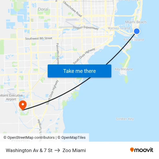 Washington Av & 7 St to Zoo Miami map