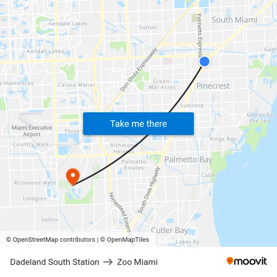 Dadeland South Station to Zoo Miami map