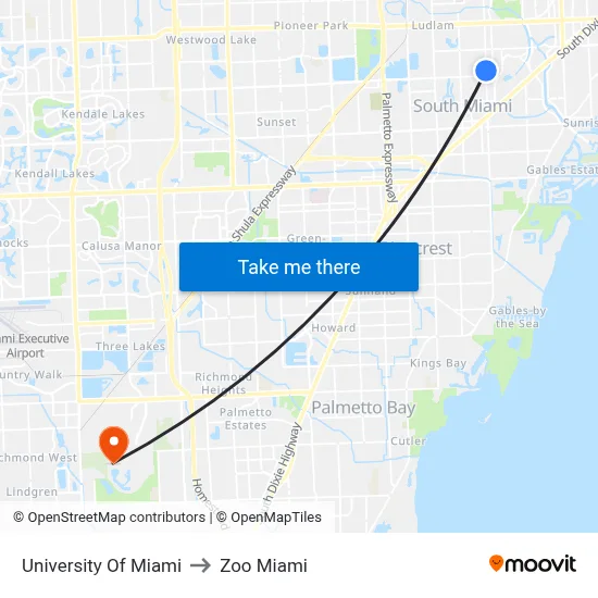 University Of Miami to Zoo Miami map