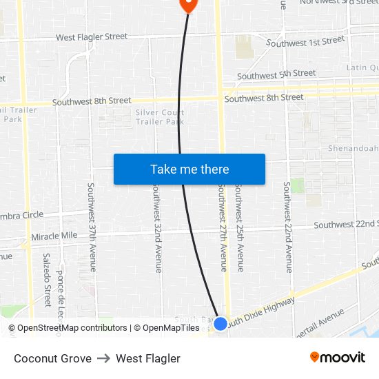 Coconut Grove to West Flagler map