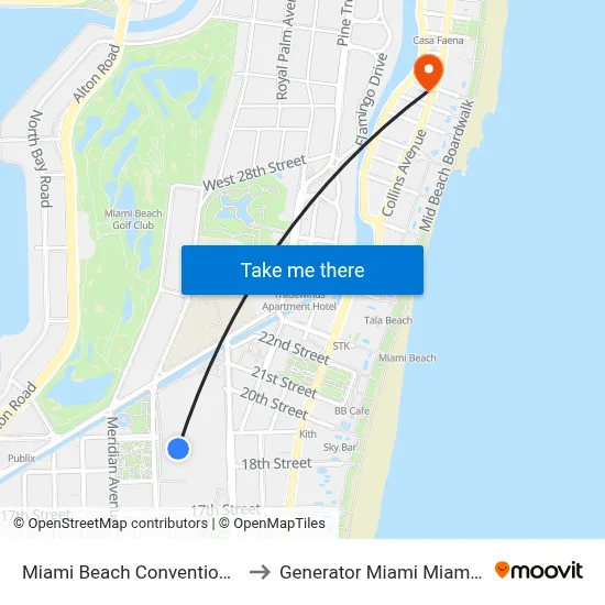 Miami Beach Convention Center to Generator Miami Miami Beach map