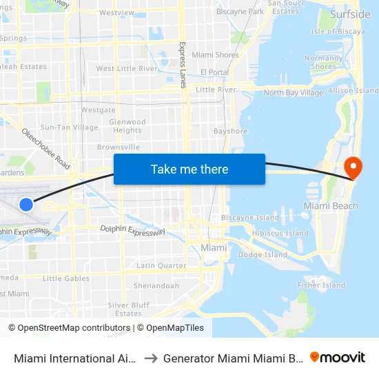 Miami International Airport to Generator Miami Miami Beach map
