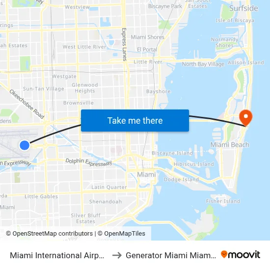 Miami International Airport Hotel to Generator Miami Miami Beach map