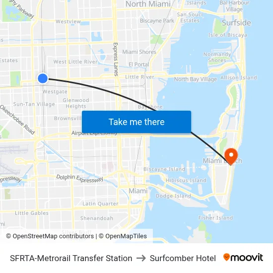 SFRTA-Metrorail Transfer Station to Surfcomber Hotel map