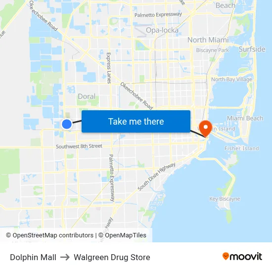Dolphin Mall to Walgreen Drug Store map