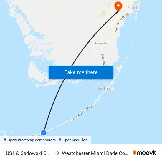 US1 & Sadowski Causeway to Westchester Miami Dade County FL USA map