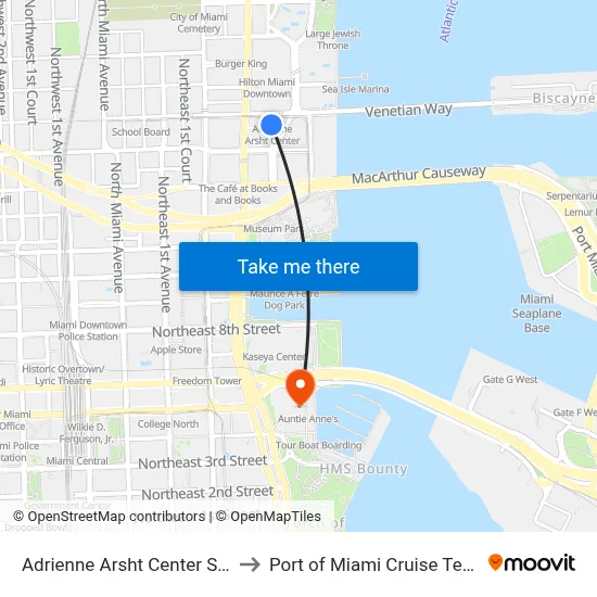 Adrienne Arsht Center Station to Port of Miami Cruise Terminal map