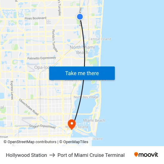 Hollywood Station to Port of Miami Cruise Terminal map