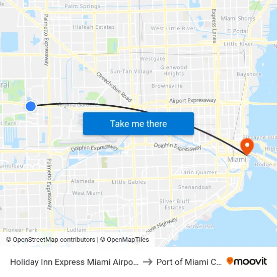 Holiday Inn Express Miami Airport Doral Area an IHG Hotel to Port of Miami Cruise Terminal map
