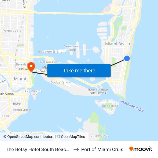 The Betsy Hotel South Beach Miami Beach to Port of Miami Cruise Terminal map
