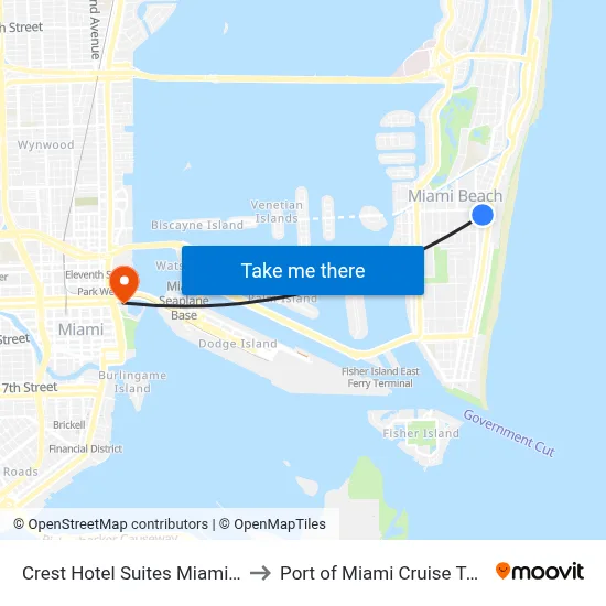 Crest Hotel Suites Miami Beach to Port of Miami Cruise Terminal map