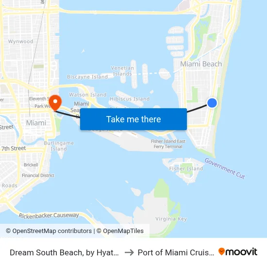 Dream South Beach, by Hyatt, Miami Beach to Port of Miami Cruise Terminal map