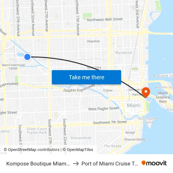 Kompose Boutique Miami Airport to Port of Miami Cruise Terminal map