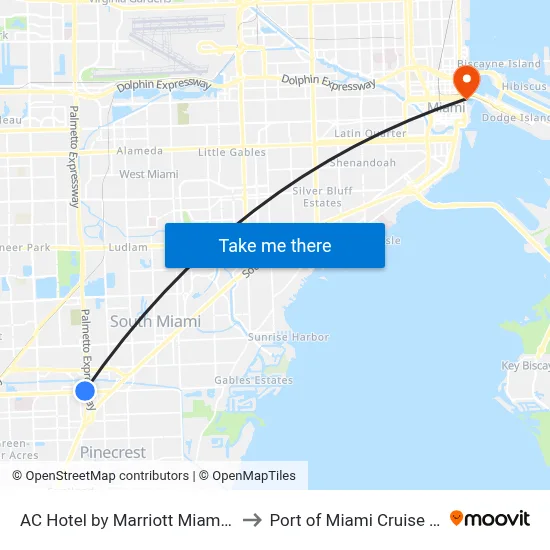 AC Hotel by Marriott Miami Dadeland to Port of Miami Cruise Terminal map