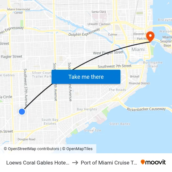 Loews Coral Gables Hotel, Miami to Port of Miami Cruise Terminal map
