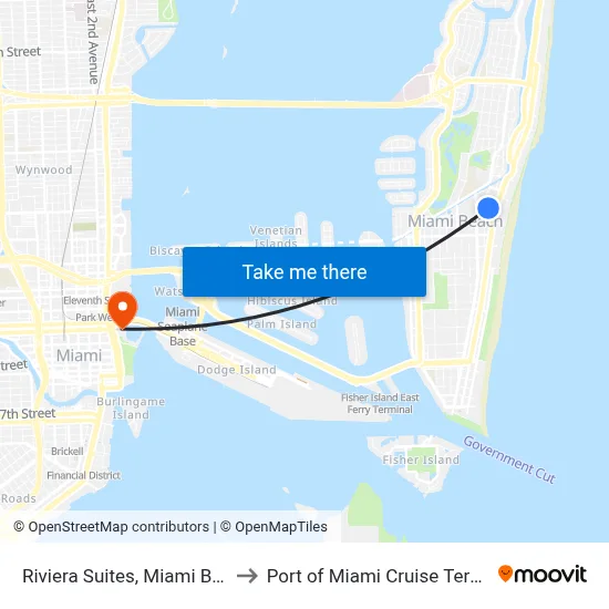 Riviera Suites, Miami Beach to Port of Miami Cruise Terminal map
