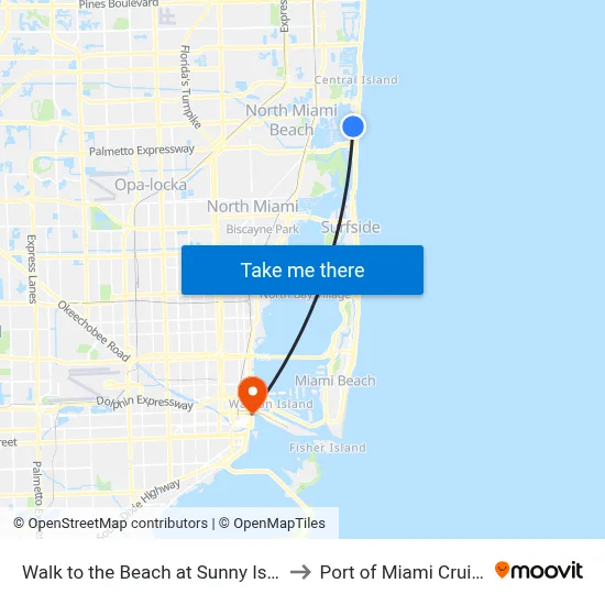 Walk to the Beach at Sunny Isles, Miami Beach to Port of Miami Cruise Terminal map