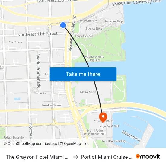 The Grayson Hotel Miami Downtown to Port of Miami Cruise Terminal map