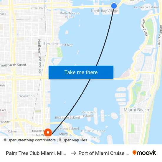 Palm Tree Club Miami, Miami Beach to Port of Miami Cruise Terminal map