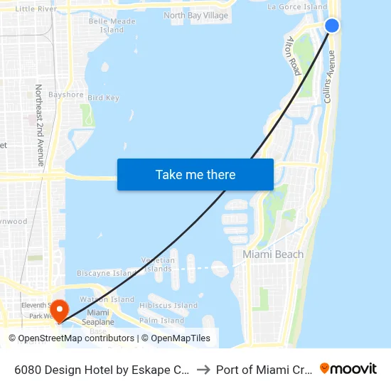 6080 Design Hotel by Eskape Collection, Miami Beach to Port of Miami Cruise Terminal map