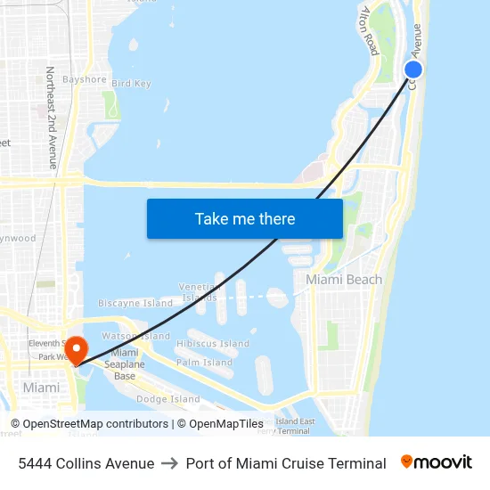5444 Collins Avenue to Port of Miami Cruise Terminal map