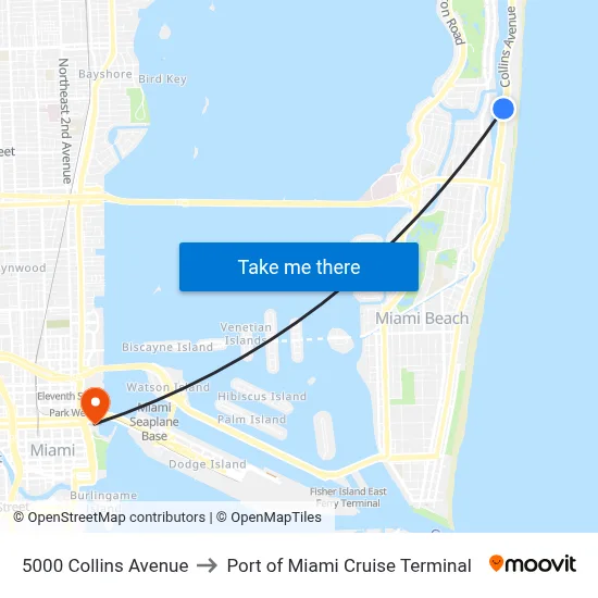 5000 Collins Avenue to Port of Miami Cruise Terminal map