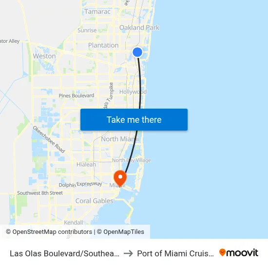 Las Olas Boulevard/Southeast 6th Avenue to Port of Miami Cruise Terminal map