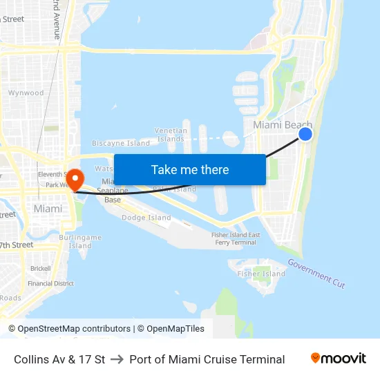 Collins Av & 17 St to Port of Miami Cruise Terminal map