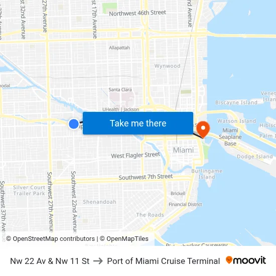 Nw 22 Av & Nw 11 St to Port of Miami Cruise Terminal map
