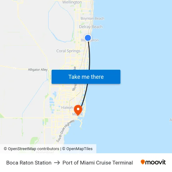 Boca Raton Station to Port of Miami Cruise Terminal map