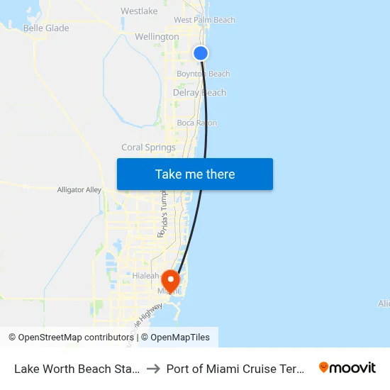 Lake Worth Beach Station to Port of Miami Cruise Terminal map