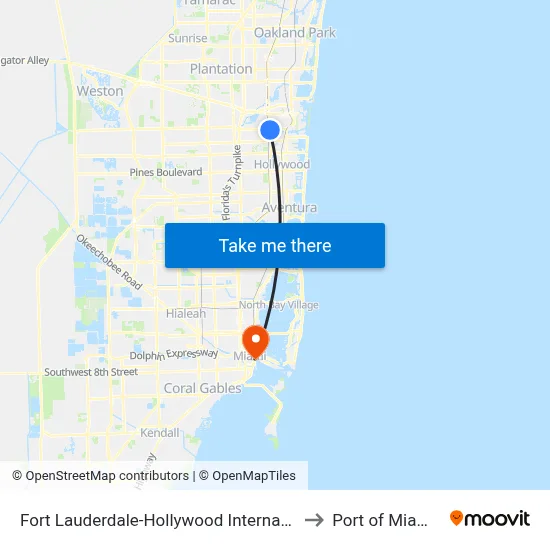 Fort Lauderdale-Hollywood International Airport Griffin Road/Tri-Rail Station to Port of Miami Cruise Terminal map