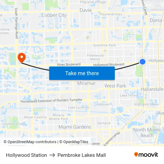 Hollywood Station to Pembroke Lakes Mall map