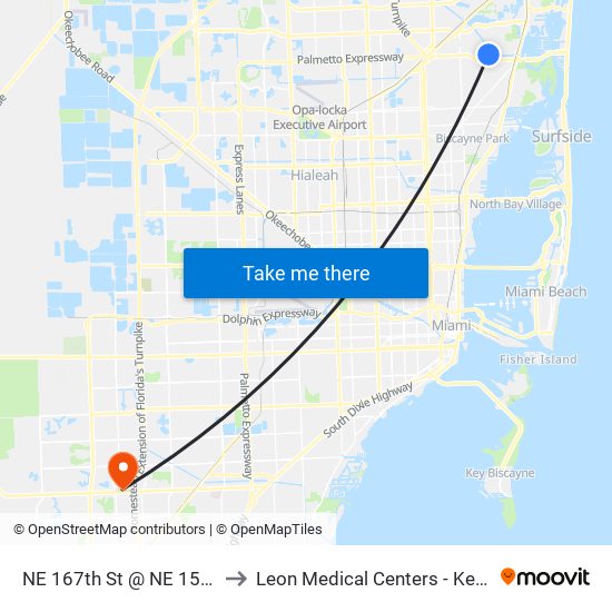 NE 167th St @ NE 15 Ave to Leon Medical Centers - Kendall map