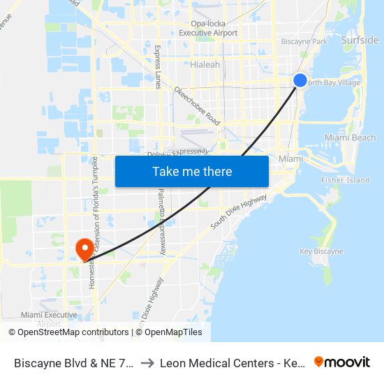 Biscayne Blvd & NE 79 St to Leon Medical Centers - Kendall map