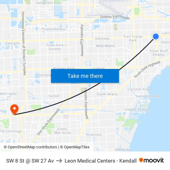 SW 8 St @ SW 27 Av to Leon Medical Centers - Kendall map