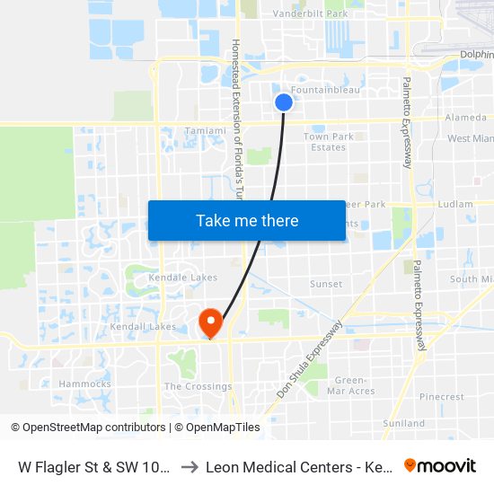 W Flagler St & SW 107 Av to Leon Medical Centers - Kendall map